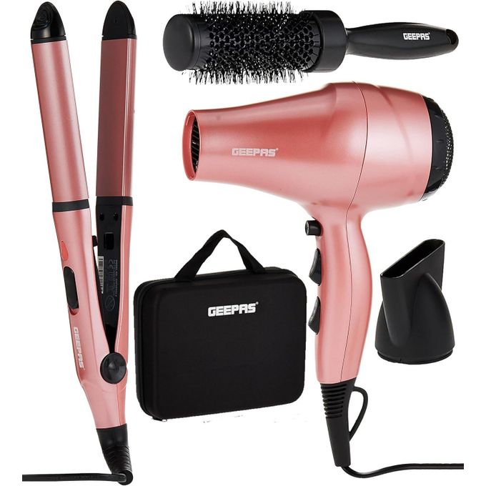 Geepas 4 In 1 Hair Dressing Set 2000W Portable Hair Dryer, Straightener, Curler with Eva Bag Ideal for Styling All Hairs- Multi