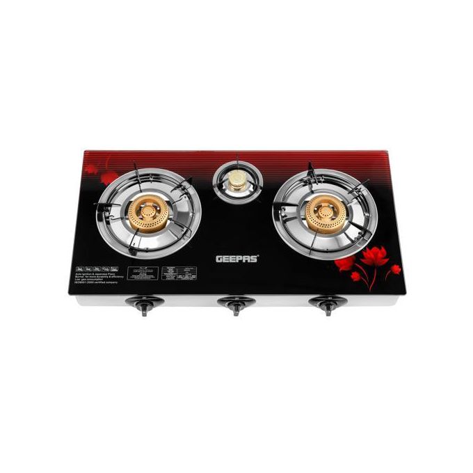 Geepas 3 Burner Gas Cooker Size 70mm, 40mm & 90mm Respectively Ergess Steel Frame & onomic Design, Automatic Ignition, 3 Heating Zones StainlTray - Multicolor