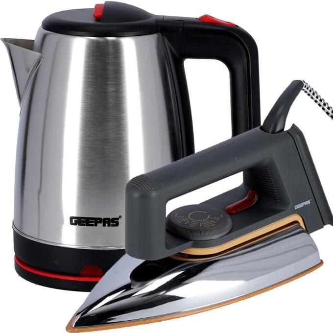 Geepas 1.8Litre Electric Kettle Stainless Steel GK 38042 And Electric Dry Iron