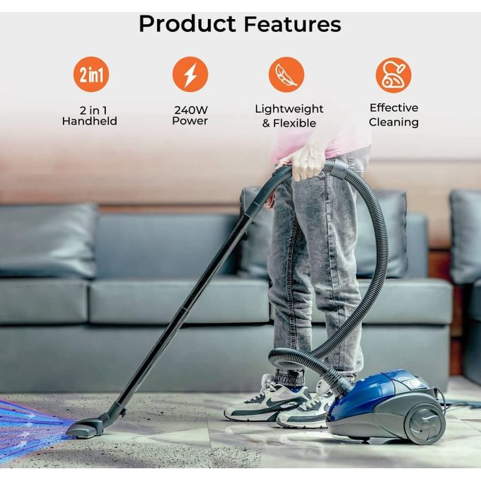 Geepas Vacuum Cleaner Handheld & Stick, 1.5L Dust Bag Capacity,Powerful Motor Comfortable Handle, Rolling wheels with Easy Parking Nozzle and Dust Full Indicator