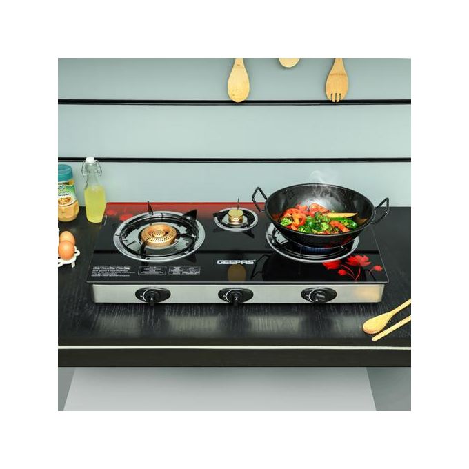 Geepas 3 Burner Gas Cooker Size 70mm, 40mm & 90mm Respectively Ergess Steel Frame & onomic Design, Automatic Ignition, 3 Heating Zones StainlTray - Multicolor