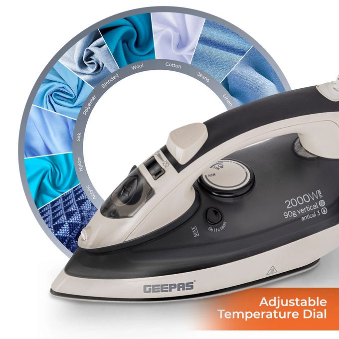 Geepas Ceramic Steam Iron 2000W- Temperature Control for Wet/Dry Crease Free Ironing Steam Function & Self Cleaning Function