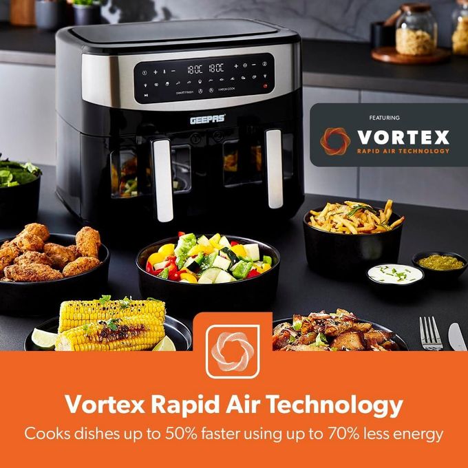 Geepas 9L Air Fryer with Vortex 10-in-1 Digital Convection LED Touchscreen Non-Stick Baskets Oil Free Toaster Oven