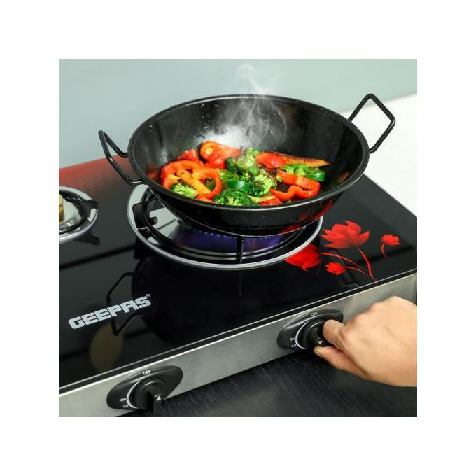 Geepas 3 Burner Gas Cooker Size 70mm, 40mm & 90mm Respectively Ergess Steel Frame & onomic Design, Automatic Ignition, 3 Heating Zones StainlTray - Multicolor