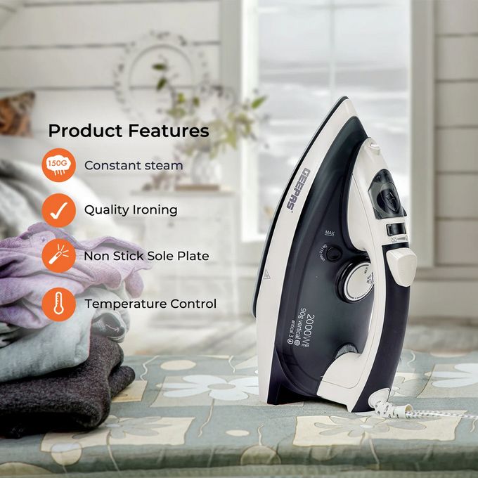 Geepas Ceramic Steam Iron 2000W- Temperature Control for Wet/Dry Crease Free Ironing Steam Function & Self Cleaning Function
