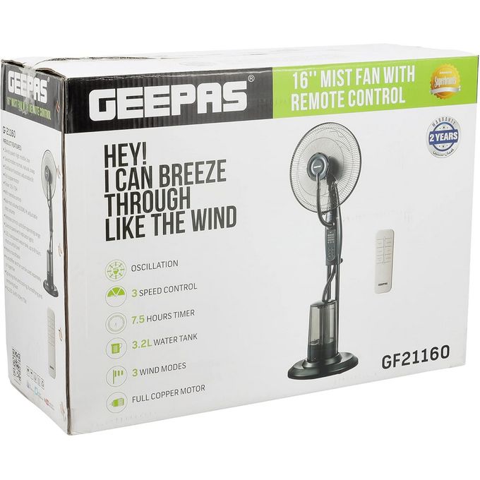 Geepas 16" Mist Fan with Remote Control,3 Speed, Oscillation & Tilt Function Timer Transparent Water Tank LCD Display Home Office Use