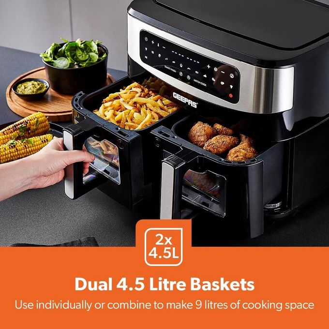 Geepas 9L Air Fryer with Vortex 10-in-1 Digital Convection LED Touchscreen Non-Stick Baskets Oil Free Toaster Oven