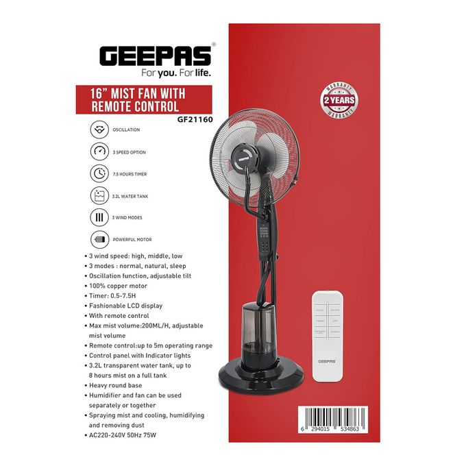 Geepas 16" Mist Fan with Remote Control,3 Speed, Oscillation & Tilt Function Timer Transparent Water Tank LCD Display Home Office Use