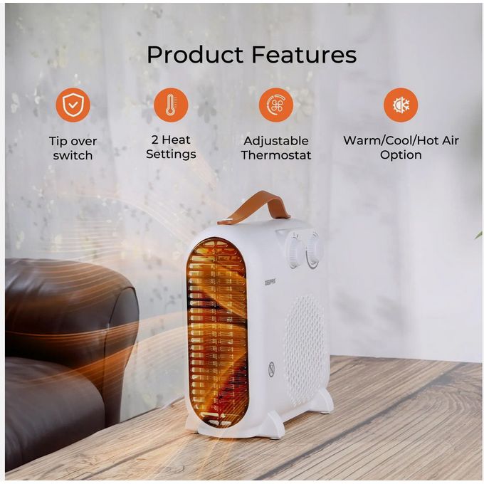 Geepas Portable Fan Heater Thermostat 2 Heat Option