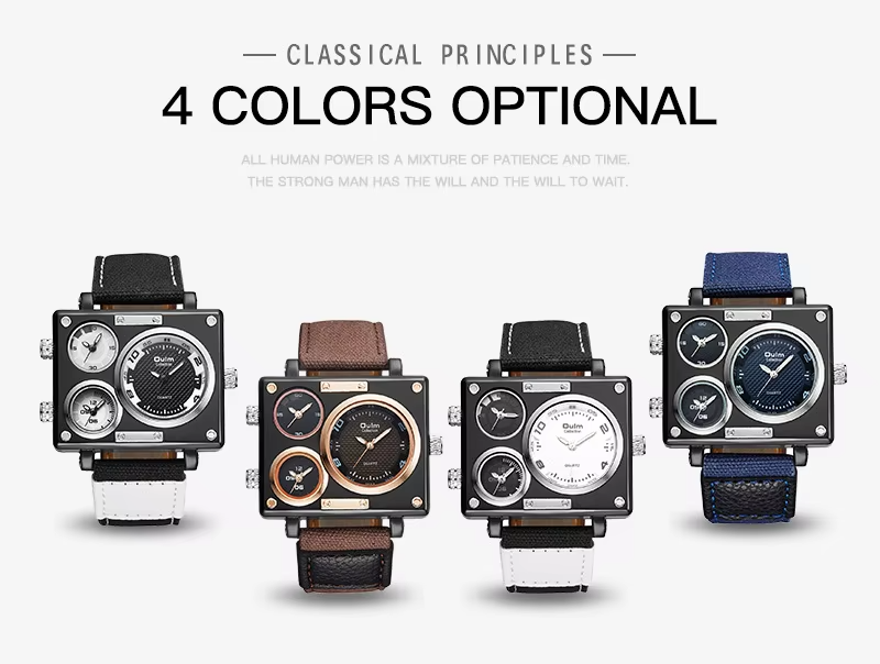 Oulm Luxury Men's Casual Watch with Large Dial Square Quartz Multi-Time Zone Military Style Custom Logo Dominant Export Design