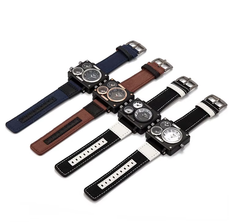 Oulm Luxury Men's Casual Watch with Large Dial Square Quartz Multi-Time Zone Military Style Custom Logo Dominant Export Design