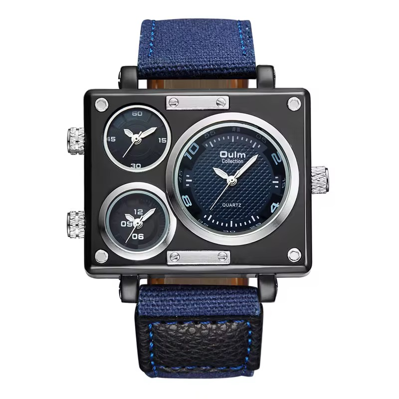 Oulm Luxury Men's Casual Watch with Large Dial Square Quartz Multi-Time Zone Military Style Custom Logo Dominant Export Design