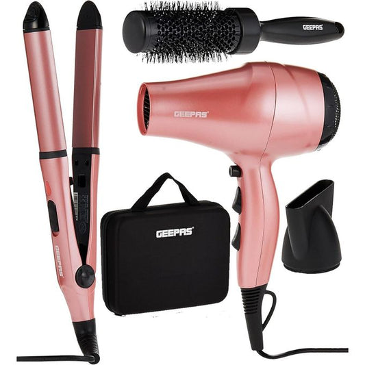 Geepas 4 In 1 Hair Dressing Set 2000W Portable Hair Dryer, Straightener, Curler with Eva Bag Ideal for Styling All Hairs- Multi