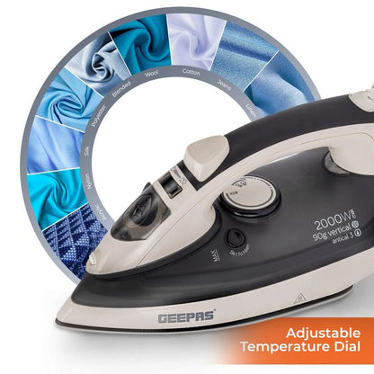 Geepas Ceramic Steam Iron 2000W- Temperature Control for Wet/Dry Crease Free Ironing Steam Function & Self Cleaning Function