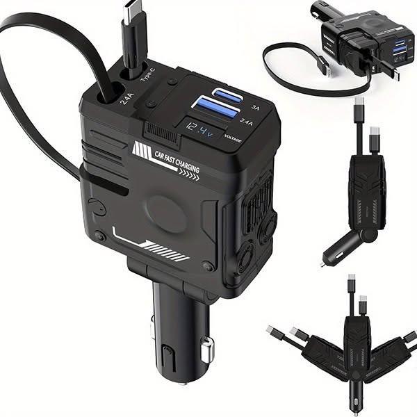 120W Super Fast Car Charger – 4-in-1 Retractable Cable Adapter