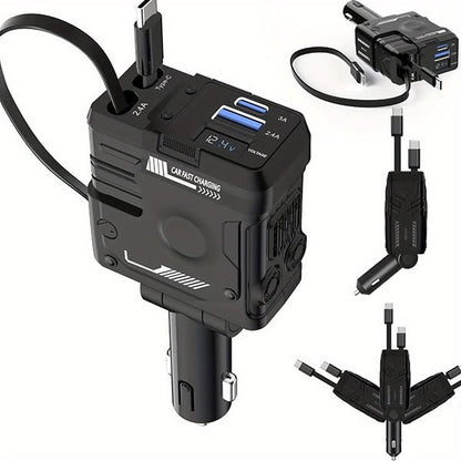 120W Super Fast Car Charger – 4-in-1 Retractable Cable Adapter
