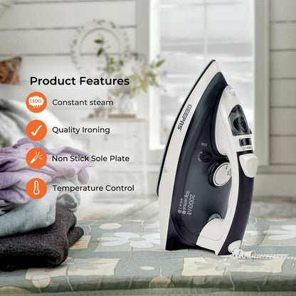 Geepas Ceramic Steam Iron 2000W- Temperature Control for Wet/Dry Crease Free Ironing Steam Function & Self Cleaning Function