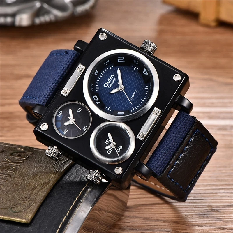 Oulm Luxury Men's Casual Watch with Large Dial Square Quartz Multi-Time Zone Military Style Custom Logo Dominant Export Design