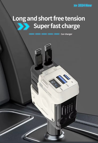 120W Super Fast Car Charger – 4-in-1 Retractable Cable Adapter