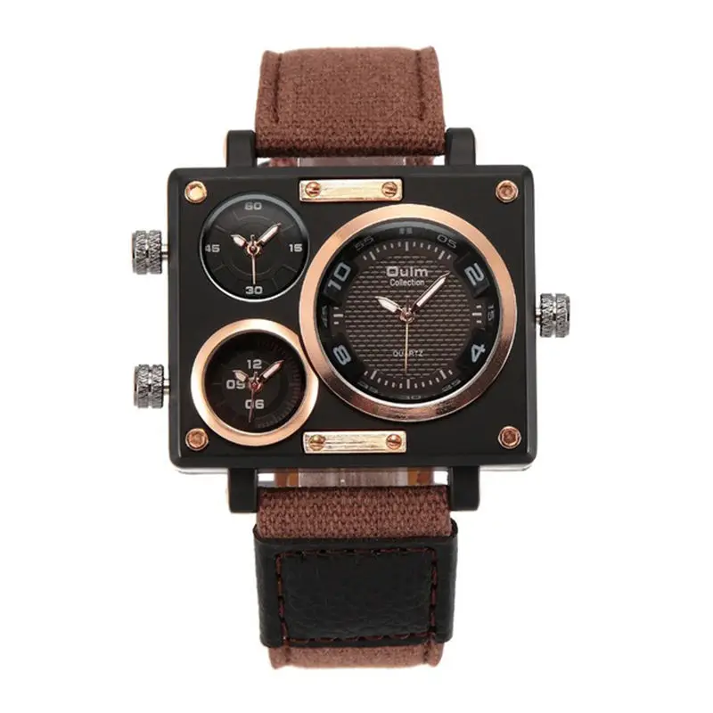 Oulm Luxury Men's Casual Watch with Large Dial Square Quartz Multi-Time Zone Military Style Custom Logo Dominant Export Design