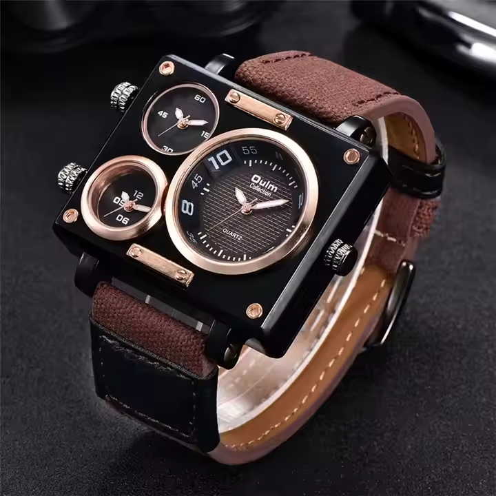 Oulm Luxury Men's Casual Watch with Large Dial Square Quartz Multi-Time Zone Military Style Custom Logo Dominant Export Design