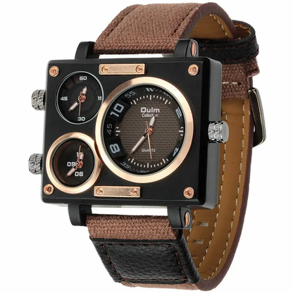 Oulm Luxury Men's Casual Watch with Large Dial Square Quartz Multi-Time Zone Military Style Custom Logo Dominant Export Design