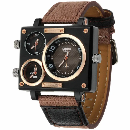 Oulm Luxury Men's Casual Watch with Large Dial Square Quartz Multi-Time Zone Military Style Custom Logo Dominant Export Design